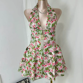 Deep V-Neck Halter Dress With Vintage Print