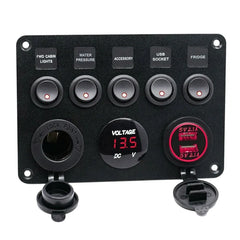 5 gang switch panel with usb a charger 12v outlet and voltage display