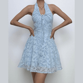 Halter textured knotted ruched button mini dress | Festival Outfits Women