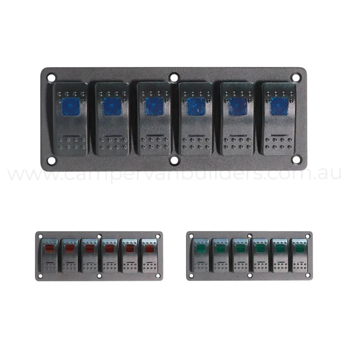 6 way rocker switch panel with dual led illumination for campervan electrical control