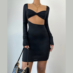 Long sleeve hollow out v neck ruched cut out mini dress | Festival Outfits Women