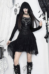 Cross Lace Print Hooded Mini Dress