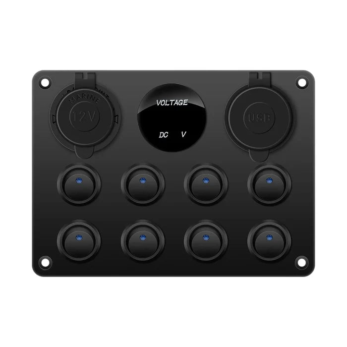 8 way rocker switch panel with dual usb ports and 12v socket