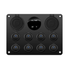 8 way rocker switch panel with dual usb ports and 12v socket