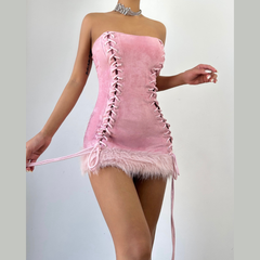 Lace up fluffy tube mini dress | Festival Outfits Women