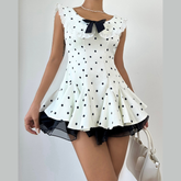 Polka dot lace hem bowknot ruffle mini dress | Festival Outfits Women