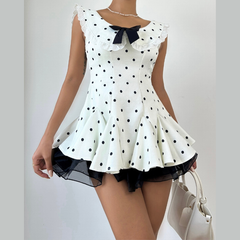 Polka dot lace hem bowknot ruffle mini dress | Festival Outfits Women