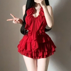 Halter ruffle flower applique mini dress | Festival Outfits Women
