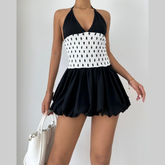 Halter polka dot v neck smocked mini dress | Festival Outfits Women