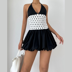 Halter polka dot v neck smocked mini dress | Festival Outfits Women