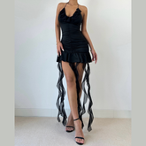 Halter self tie v neck ruched mini dress | Festival Outfits Women