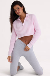 Ribbed Knit Quarter-Zip Cropped Jumper in Powder Pink
