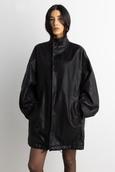 OVERSIZED FUNNEL NECK VEGAN LEATHER JACKET