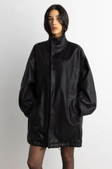 OVERSIZED FUNNEL NECK VEGAN LEATHER JACKET