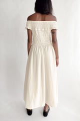 OFF-SHOULDER SMOCKED MIDI DRESS