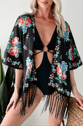 Like A Blooming Rose In Spring Floral Kimono Shawl (Black)