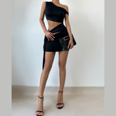One shoulder hollow out knotted solid cut out mini dress | Festival Outfits Women