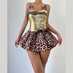Leopard print buckle bowknot mini dress | Festival Outfits Women | Leopard Print Mini Dress