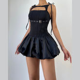 Hollow out self tie ruched buckle mini dress | Festival Outfits Women