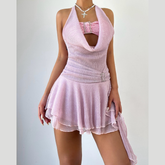 Halter glitter ruffle backless mini dress | Festival Outfits Women