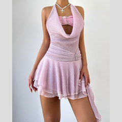 Halter glitter ruffle backless mini dress | Festival Outfits Women
