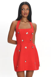 Hendrix Halterneck A-Line Mini Dress Sequin Flower Red