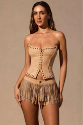 Fringed Low-Rise Mini Shorts in Tan