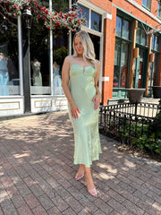 Tyra Satin Floral Jacquard Maxi Dress- Green