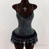 Leopard print lace hem v neck cami mini dress