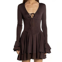 V neck self tie long flared sleeve mini dress | Festival Outfits Women