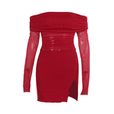 Off shoulder long sleeve slit mesh ruched mini dress | Festival Outfits Women