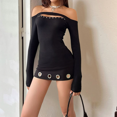 Off shoulder long sleeve hollow out cut out mini dress | Festival Outfits Women