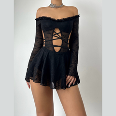 Off shoulder long sleeve hollow out self tie cut out mini dress | Festival Outfits Women