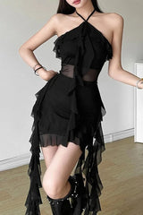 Solid Color Halter High Waist Slim Fit Mini Dress