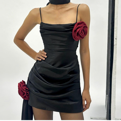 Square neck flower applique ruched mini dress | Festival Outfits Women