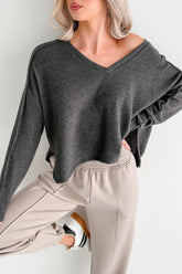 I Won't Mind Charcoal Fleece V-Neck Long Sleeve Top (Charcoal)