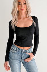 Easy Attitude Scoop Neck Ribbed Crop Top (Black)