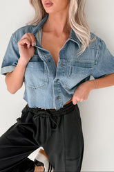 Out & About Short Sleeve Denim Crop Top (Medium)