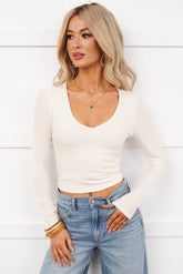 Daily Rhythm Long Sleeve V Neck Crop Top (Ivory)