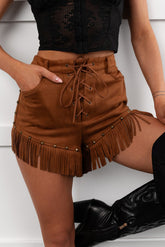 Cider & Stars Faux Suede Fringe Detail Shorts (Camel)