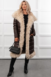Fashioned Right Faux Fur Trim Puffer Coat (Coffee)