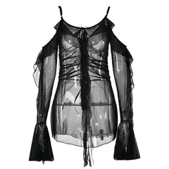 Long flared sleeve Off shoulder sheer mesh ruffle mini dress | Festival Outfits Women