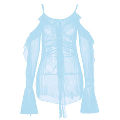 Long flared sleeve Off shoulder sheer mesh ruffle mini dress | Festival Outfits Women