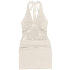 Halter self tie hollow out lace ruched cut out mini dress | Festival Outfits Women