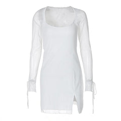 Long sleeve slit mesh square neck mini dress | Festival Outfits Women
