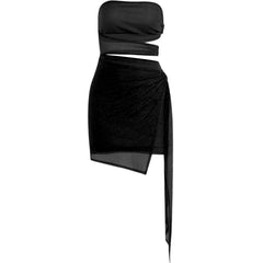 O ring hollow out irregular ruffle ribbed ruched tube cut out mini dress | Festival Outfits Women