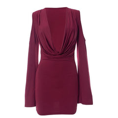 Long flared sleeve off shoulder cowl neck ruched solid mini dress | Festival Outfits Women