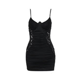 V neck lace ruched backless cami mini dress | Festival Outfits Women