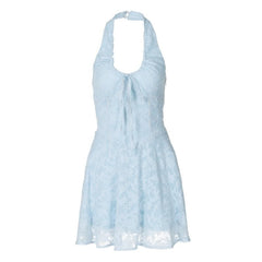 Halter textured knotted ruched button mini dress | Festival Outfits Women
