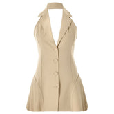 Halter deep V neck button pleated backless mini dress | Festival Outfits Women